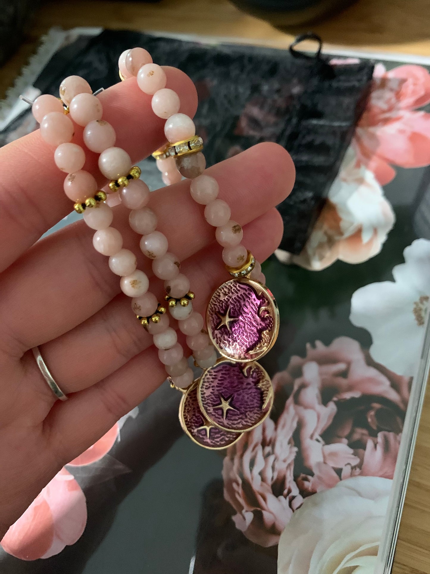 Pink Aventurine Crystal Bead Bracelet with Tibetan Gold Accent
