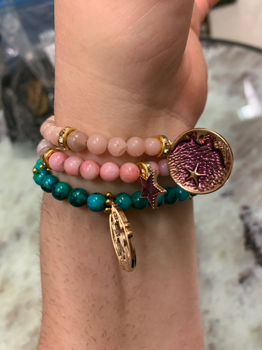 Pink Tourmaline/Quartz Crystal Beads with Tibetan Gold Accent Bracelet