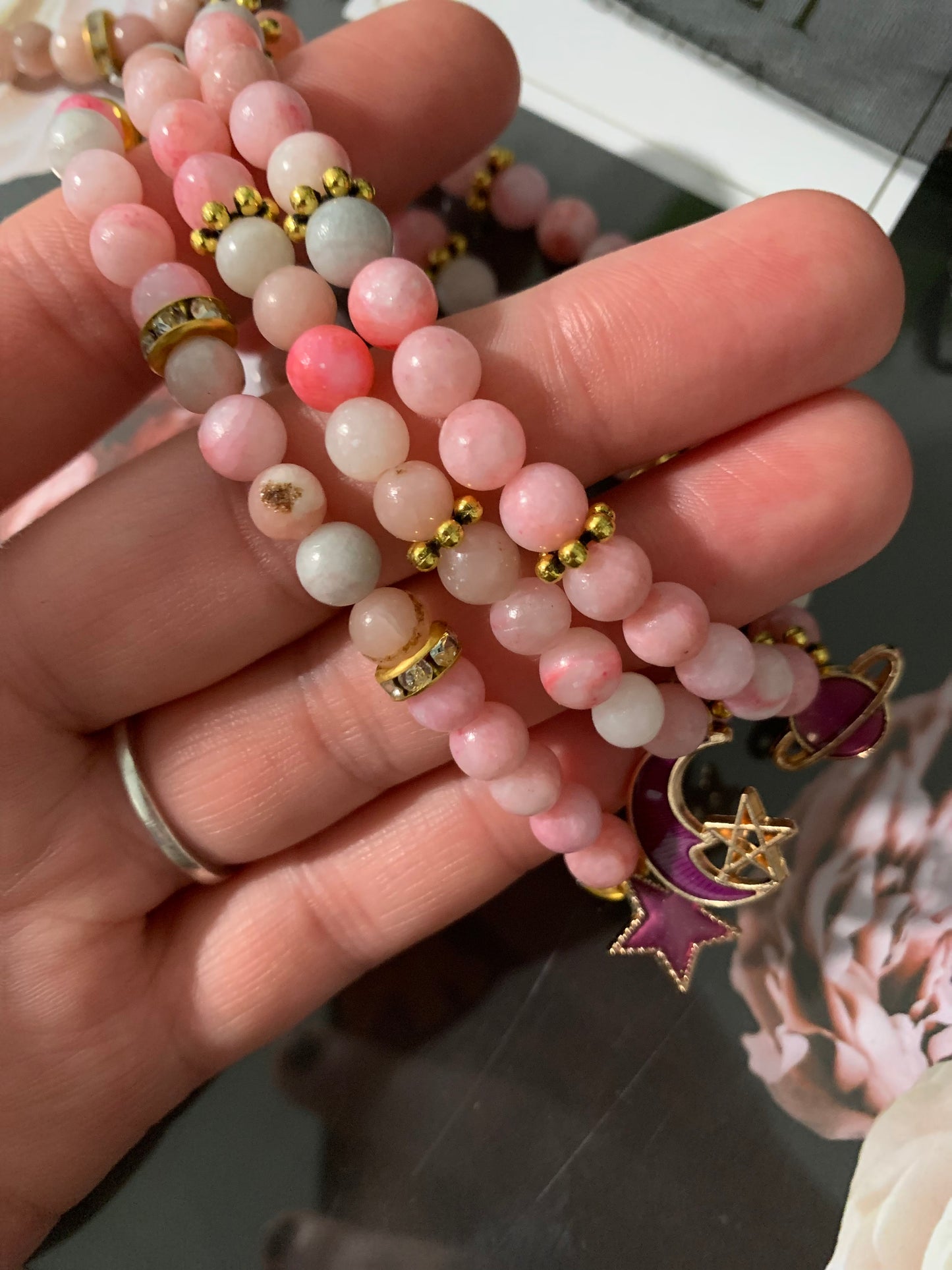 Pink Tourmaline/Quartz Crystal Beads with Tibetan Gold Accent Bracelet